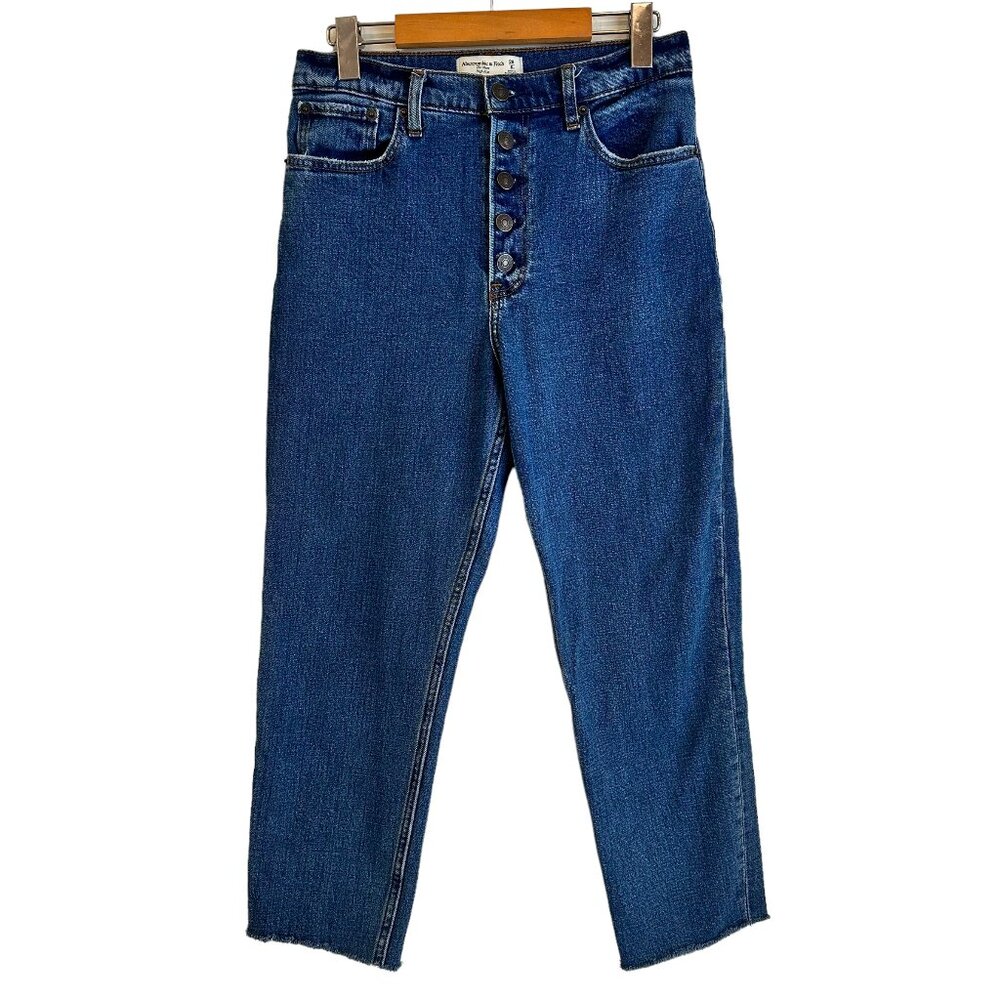 Abercrombie & Fitch The Mom High Rise Button Fly Raw Hem Medium Wash Size 28